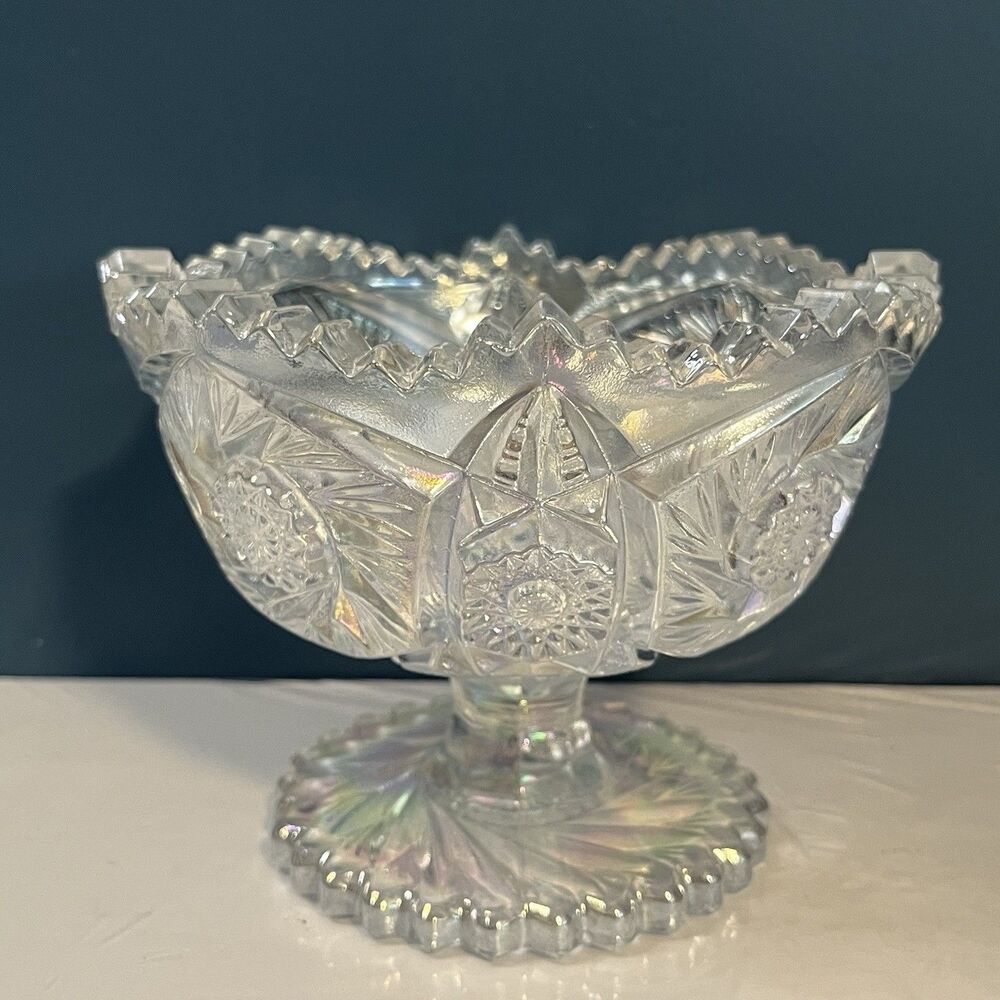 Vintage LE Smith Glass Whirling Stars Iridescent White Compote 520L-1
